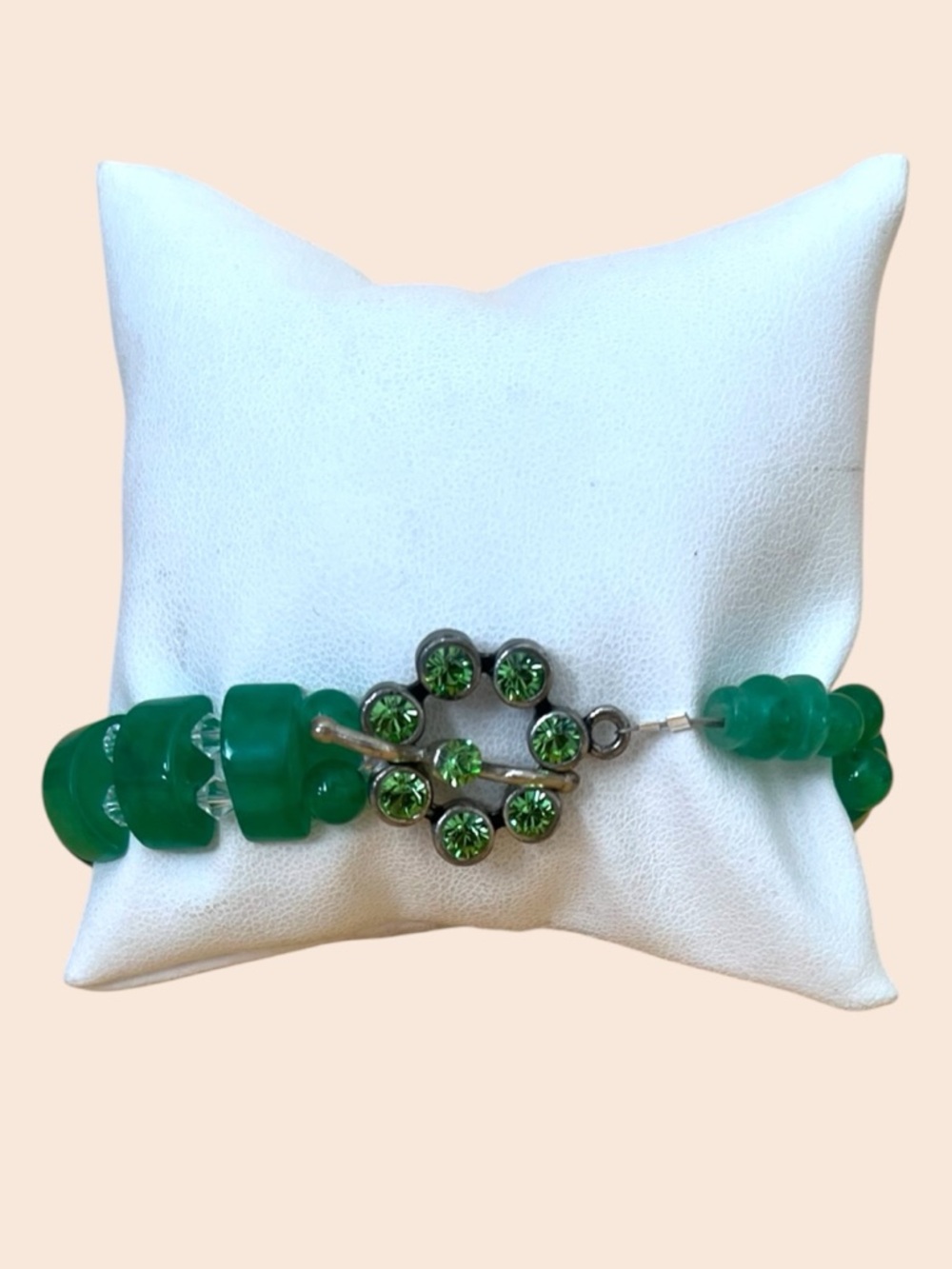 Jade Bead Bracelet with Crystal Accent and silver flower clasp
